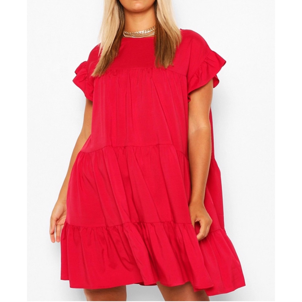 BOOHOO Plus Red Tiered Ruffle Smock Mini Dress 22
